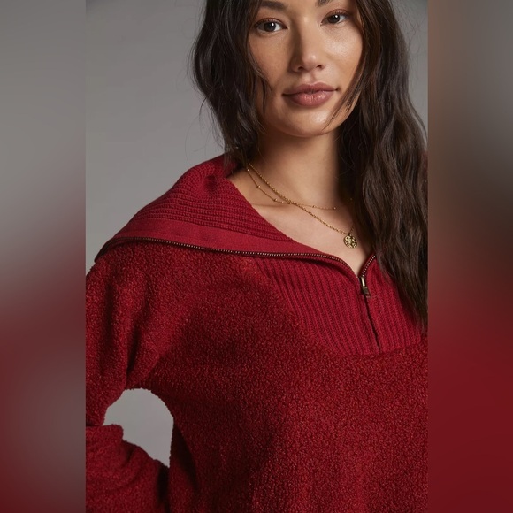 Anthropologie Dolan Left Coast Sherpa Quarter-Zip Pullover Red Sweater NWT Sz S - Picture 2 of 12